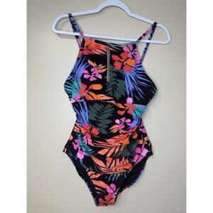 Jessica Simpson One Piece Swimsuit Size L Tropical Keyhole Back Black‎